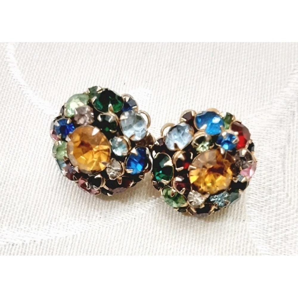 VTG Judy Lee Earrings Multi Colored Rhinestone Gold Tone Clip-On Dome